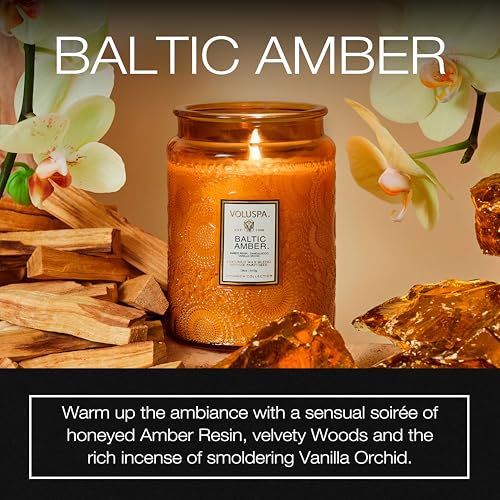 Voluspa Baltic Amber Candle, 18 oz, Coconut Wax Blend, Scented Candles for Home, 100 Hour Burn Time, Candle Jar