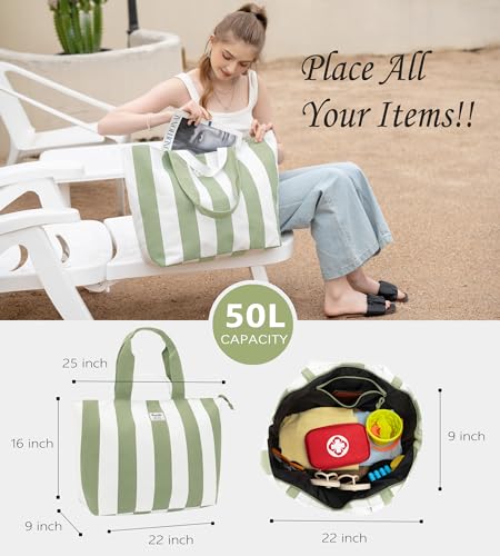 Bagelite 22'' 50L Large Beach Bag with Zipper, Extra Large Canvas Tote Bag for Women, Weekender Pool Bag