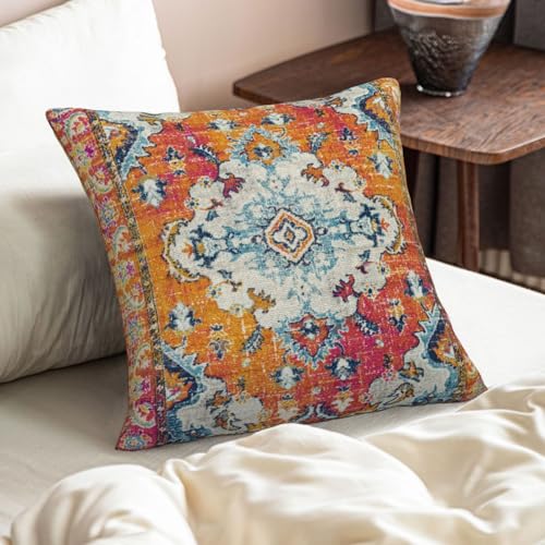 AELUTYSH Vintage Boho Pillow Covers 18X18 Inch Set of 2 Antique Ethnic Orange Teal Carpet Pattern Throw Pillow Covers Bohe...