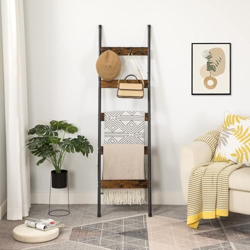 HOOBRO Blanket Ladder, 5-Tier Towel Rack with Hooks, Wall-Leaning Blanket Rack, Decorative Display Ladder Shelf, for Scarv...