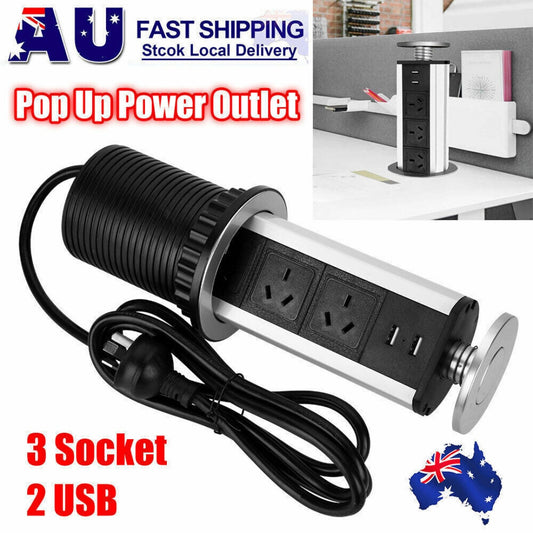Pop Up Power Point 3 Socket Plug   2 USB Table Home Kitchen Desk Outlet