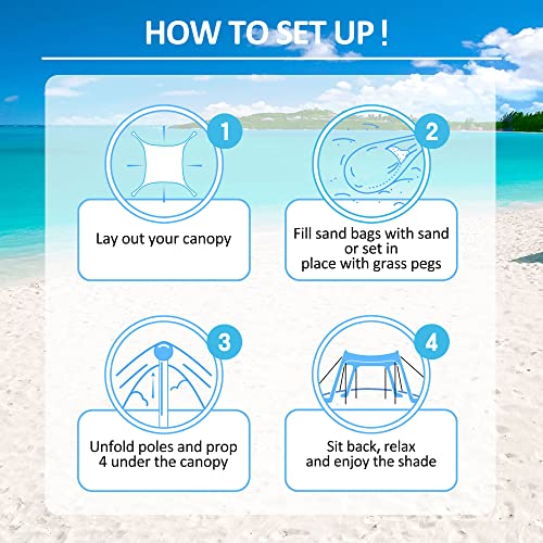 Beach Canopy Beach Tent 11X11 FT 6 Sandbags 4 Stability Poles Beach Shade Canopy UPF50+ Sun Protection Extra Windproof Rop...