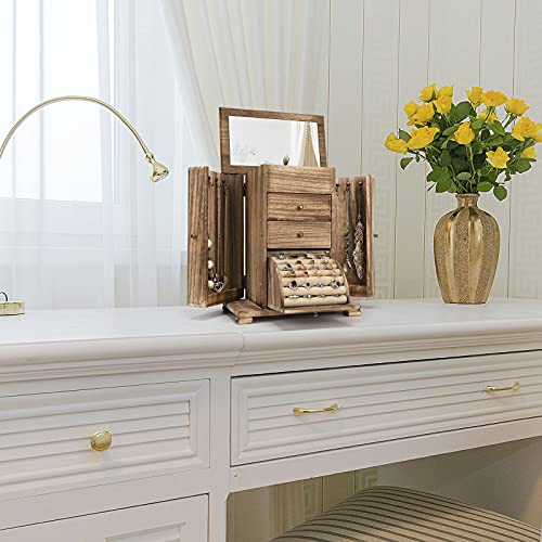 Emfogo Jewelry Box for Women, Rustic Wooden Jewelry Boxes & Organizers with Mirror, 4 Layer Jewelry Organizer Box Display ...