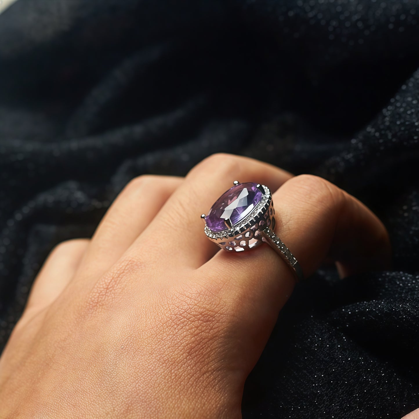 Oval Light Purple Amethyst CZ Single Halo Filigree Ring For Women, Copper Plated Silver Paved White Crystal Vintage Wedding Cocktail Statement Jewelry Gift