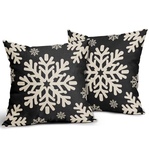 Sivirary Black Christmas Pillow Covers 18x18 Inch Set of 2, Xmas Snowflakes Rustic Winter Themed Decorative Throw Pillow C...