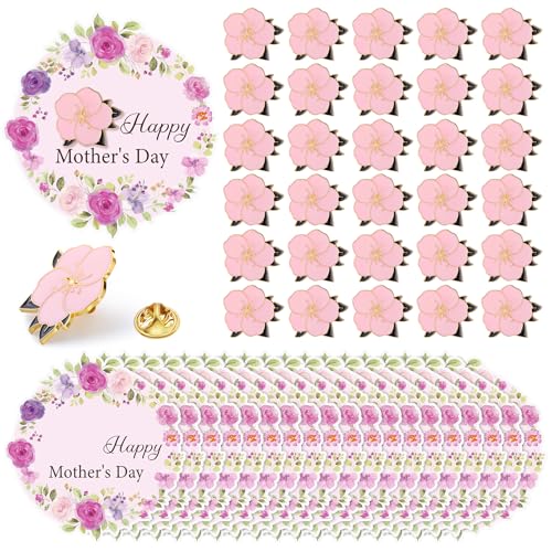 Daifunli 30 Sets Happy Mother's Day Pins on Flower Card Flower Pins with Wreath Cards Floral Lapel Brooches for Mother's D...