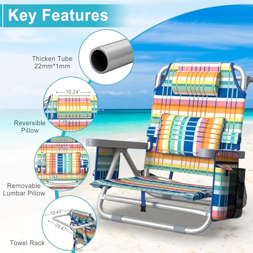 Suteck Beach Chair, Adjustable 5-Position Backpack Beach Chairs for Adults Kids, Foldable Lay Flat Chair with Cooler Bag, ...