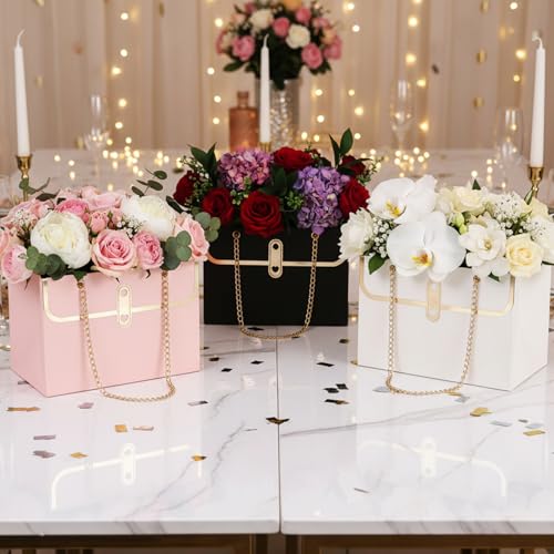 Flower Paper Gift Box, 4PCS Bouquet Storage Bucket Paper Flower Handbag Boxes with Metal Chain Flower Bags for Bouquets Mo...