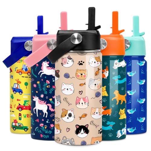 SANDJEST Kids Water Bottle Cat Water Bottles 12oz with Straw Insulated Stainless Steel Travel School Tumbler Double Wall V...