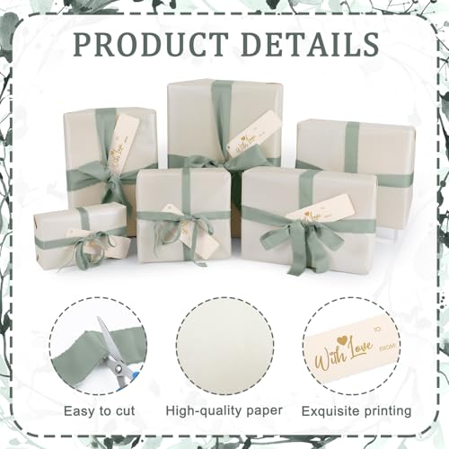 Ctosree Sage Green Wedding Gift Wrap Kit 32.81ft Wrapping Paper 3 Widths Fringe Satin Ribbon 12 Kraft Tags Elegant Packagi...