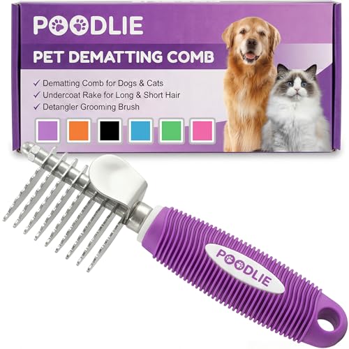 Poodle Dematting Fur Rake Comb Brush for Dogs and Cats - Long 2.5" Steel Safety Blades Metal Comb for Detangling Matted or...