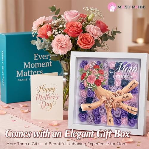 Personalized Mommy Holding Hands Flower Shadow Box with Kids Name Custom Kids Names Carnation Floral Heart Frame, Premium ...