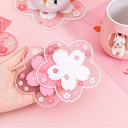 Sakura Coffee Cup Mat Kawaii Coaster 2PCS Cute Cherry Blossom PVC Home Tea Mug Pink Flower Pattern Anti-Skid Pot Bowl Pad ...