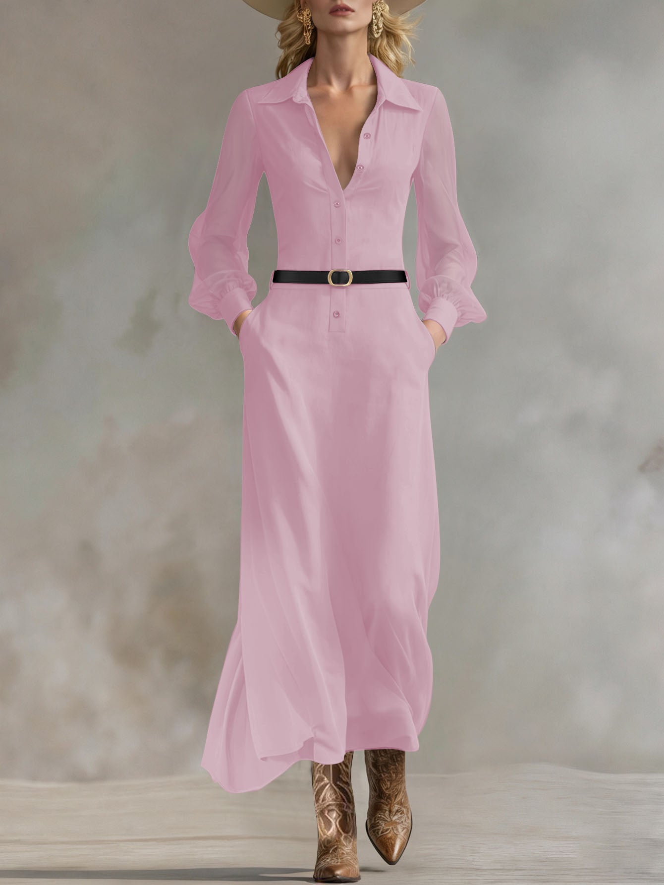 Women's Collared Neck Sheer Puff Sleeve Button Front Belted Maxi Shirt Dress Elegant Office Wear Maxi Dress