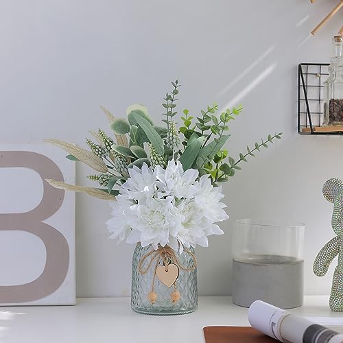Faux Flowers with Vase,Artificial Silk Flowers in Vase, Fake Plant Eucalyptus and Willow,Flower Arrangement for Home Farmh...