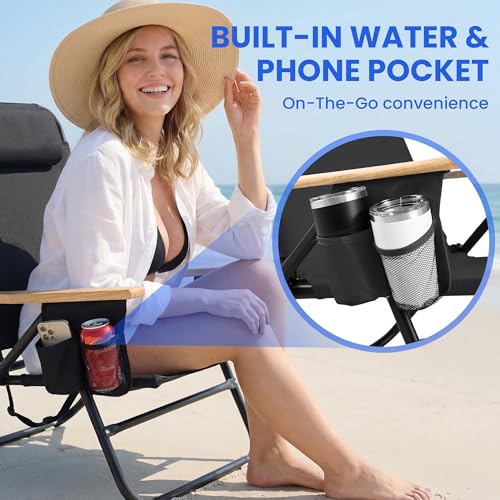Cansky Portable Beach Chair for Adults, Outdoor Lightweight Camping Chair with Wooden Desgin Armrests, 5-Position Reclinin...