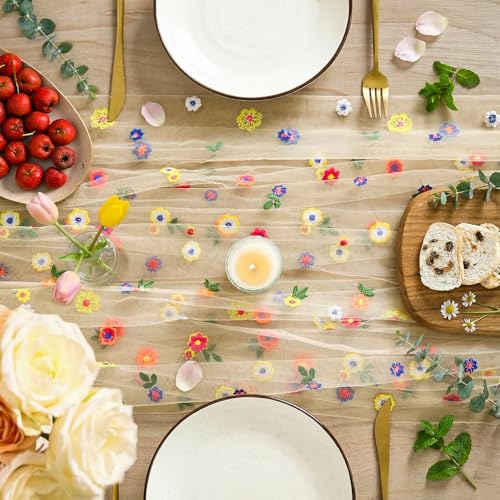 Artoid Mode Champagne Embroidery Daisy Gauze Table Runner 120 Inch 10FT, Seasonal Sheer Kitchen Dining Holiday Wedding Bir...