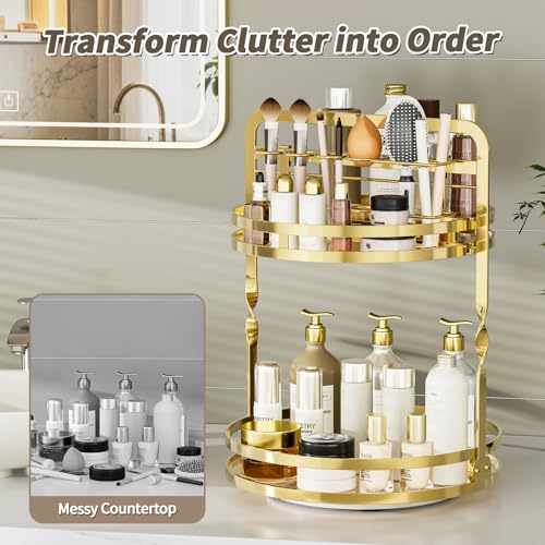 360° Rotating Makeup Organizer, 2-Tier Gold Perfume Organizer for Dresser, Bathroom Organizers Countertop, Perfume Shelf w...