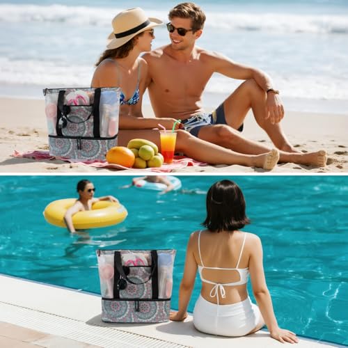 ASL Mesh Beach Bag with Cooler Compartment for Women, 2-in-1 Print Travel Tote 30L with Zipper and Pockets, Pool Picnic