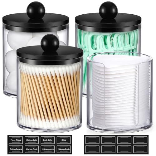 4 Pcs, Acrylic Qtip Holder Dispenser for Cotton Swab, Ball, Round Pads, Floss Picks - Plastic Apothecary Jar Set, Bathroom...