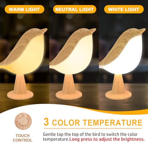 Deogos 2 Cute Bird Lamps Combo,Small Bedside Lamps with 3 Color Temperature and Adjustable Brightness,Rechargeable Cordles...