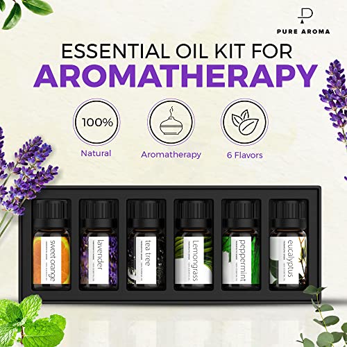 Essential Oils Set by Pure Aroma - Top 6 Aromatherapy Oils Gift Set-6 Pack, 10ml (Eucalyptus, Lavender, Lemongrass, Sweet ...