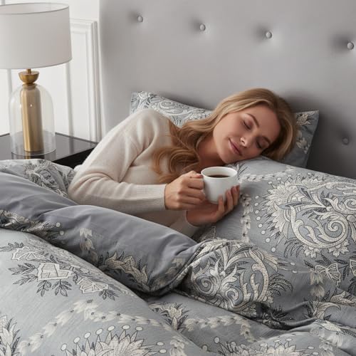 Grey Floral Duvet Cover Set Full Size Bedding Quilt Comforter Cover Reversible Duvet Covers Microfiber Bedspread Floral Be...