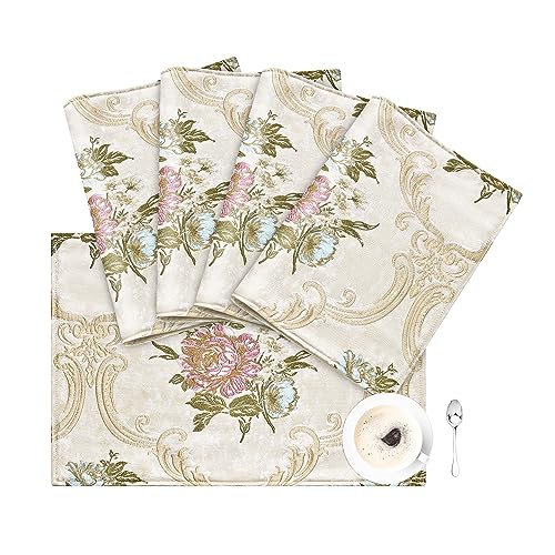 Loom and Mill Jacquard Floral Placemats Set of 4, Luxury Elegant Non-Slip Table Place Mats for Home Kitchen Party Banquet ...