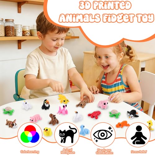 JOICEE 50 Pcs Mini 3D Printed Animal Figurines Set, Articulated Flexible Fidget Toys Cute Desk Pets Decor for Kids Party F...