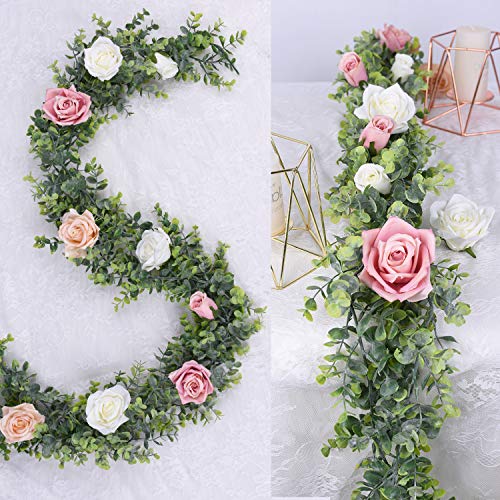 DearHouse Faux Eucalyptus Garland Plant, 2 Pack Artificial Vines Hanging Eucalyptus Leaves Greenery Garland for Wedding Ba...