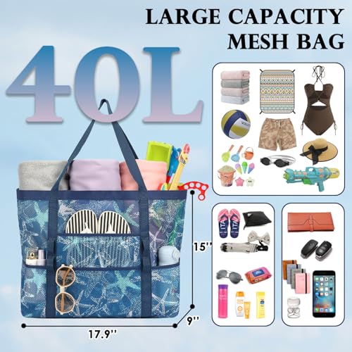 Fammart Mesh Beach Bag for Women, Large Beach Toy Pool Bag with Zipper Pocket, SandProof Cruise Essentials 2026 Family Travel