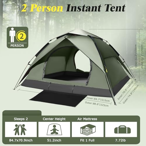 Camping Tent 2/3/4 Person Instant Pop Up Tents for Camping - 40s Automatic Easy Setup Tent with Rainfly, Double-Layer Wate...