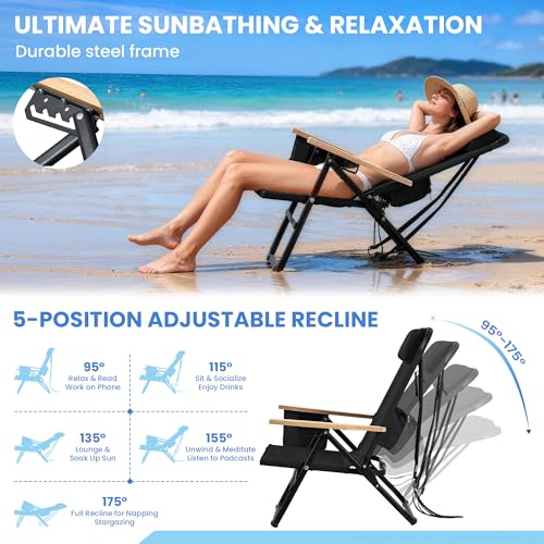Canpsky 2 Pack Premium 5-Position Reclining Camping Chair - Portable Folding Lightweight Outdoor Chair with Wooden Armrest...