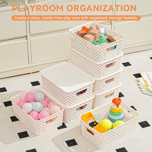 10 Pack Small Plastic Storage Bins with Lids, Stackable Plastic Storage Baskets for Organizing with Handles, Organizer Bin...