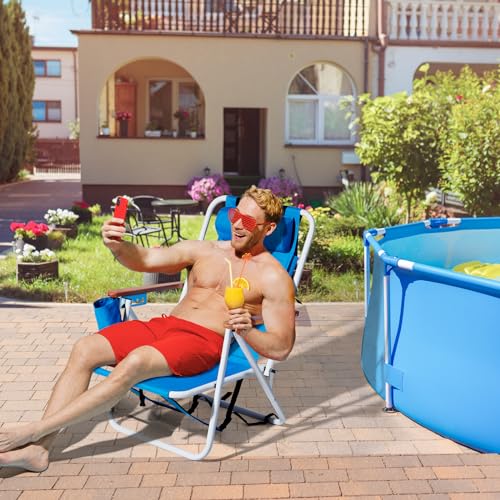 Outvita Folding Beach Chair Adjustable Headrest w/4 Flexible Tilt Angle, Cup Holder Portable High Strength Cleanable Fabri...