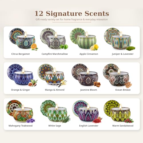Scented Candles Gift Set, 12 Pack Soy Wax Candles for Home, 12 Scents, Aromatherapy Travel Tins with Gift Box for Women, B...