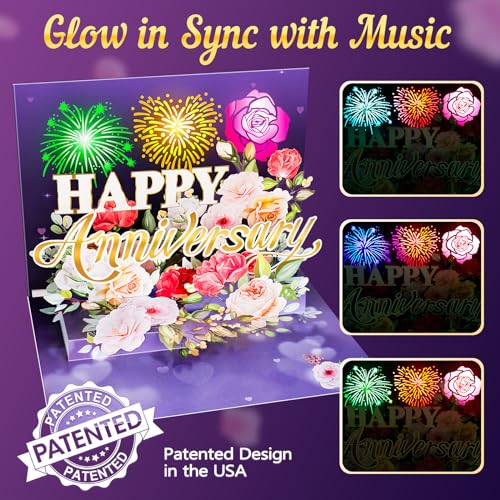 Anniversary Card, Music & Light Pop up Valentine's Card with Fireworks Flowers Gifts for Him Her Husband Wife Couple (Purple)