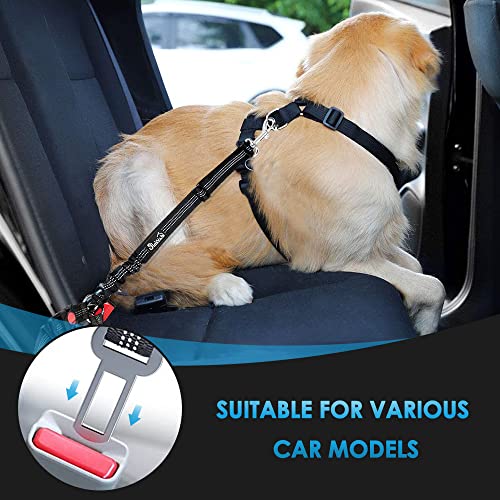 SlowTon Dog Seat Belt for Car, 2 Pack Dog Car Harness Seatbelt Adjustable with Elastic Bungee Buffer, 2 in 1 Pet Car Leash...