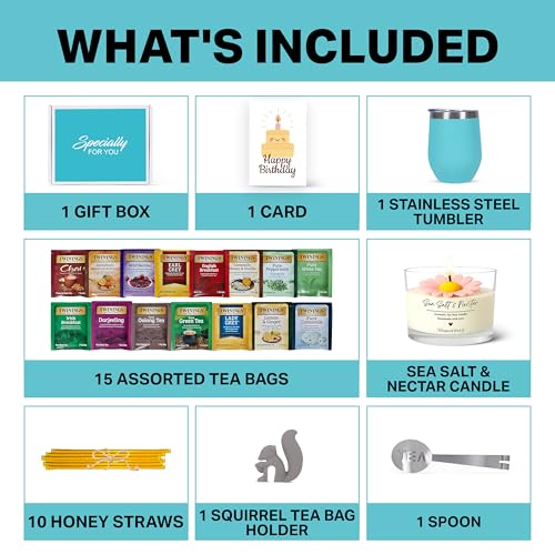 Birthday Gift Set with Stainless Tumbler, 15 Assorted Teas, 10 Honey Straws, Tea Tongs, Scented Candle and Greeting Card i...