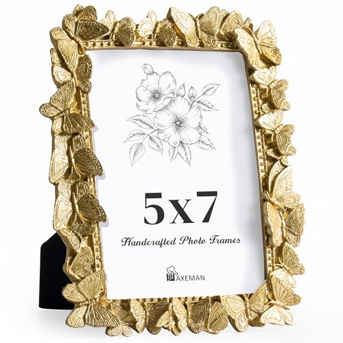 Axeman 5x7 Vintage Picture Frame with High Tempered Glass, Butterfly Textured Hand-Crafted Resin Antique Ornate Photo Fram...