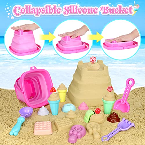 Collapsible Beach Toys Set for Kids Toddlers Girls, Collapsible Sand Bucket and Shovels Set with Mesh Bag & Sand Molds, Ic...