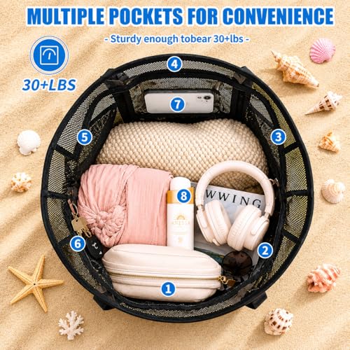PIG PIG GIRL Mesh Beach Bag, Foldable Extra Large Beach Bags with Zipper Pool Bag with Portable Phone Pouch for Vacation Pool