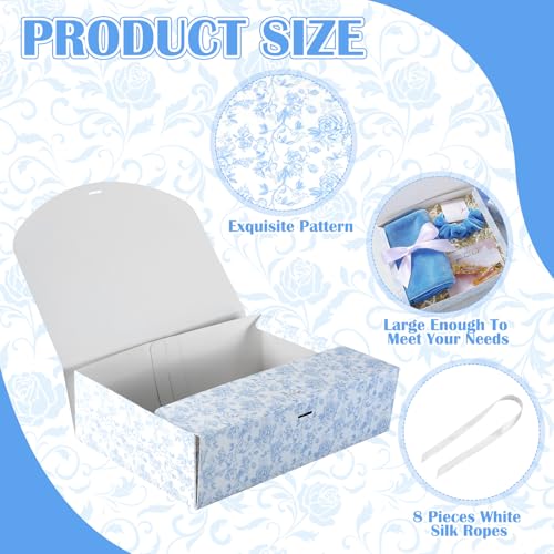 Kolldenn 8 Pack Blue Floral Bridesmaid Proposal Gift Boxes with Ribbon Lids 7.87x10.6x3.2In Toile Flower Empty Paper Box f...