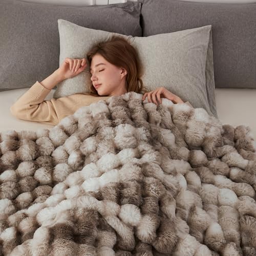 COOVA Faux Fur Throw Blanket for Couch, Cozy Soft and Fuzzy Plush Rabbit Fur Bubble Blanket for Sofa Bedroom Living Room, ...
