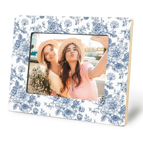 Cquwb Blue Chinoiserie and White Floral 5x7 Picture Frame,Chinoiserie Grandmillennial Home Decor,Blue and White Floral Pho...