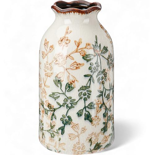 Ninehaoou Green Vintage Vase Ceramic Crackle Floral Vase for Farmhouse Retro Home Bookshelf Living Room Table Centerpiece ...