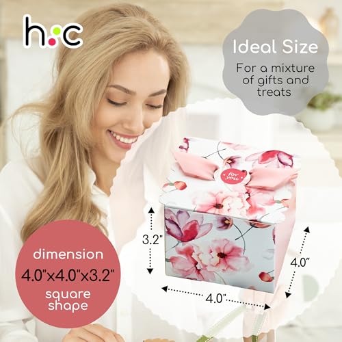 Small Floral Gift Boxes with Ribbons (20 Pack) 4” x 3.2” Cute Flower Decorative Mini Treat Boxes, Printed Spring Wildflowe...