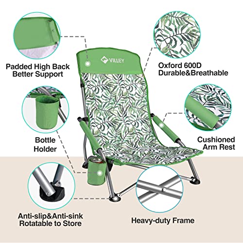 VILLEY Low Beach Chair, High Back Folding Beach Chair for Adults, Lightweight and Portable for Outdoor, Beach, Camping, La...