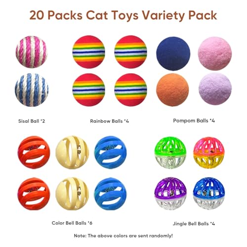 YULOYI Cat Toys for Indoor Cats, Cat Toys Balls, 20 Packs Interactive Cat Toy Set with Colorful Bell, Jingle Bell, Rainbo...