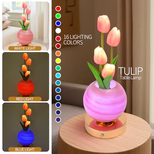 TXGZYBhg Tulip Flower Planet Lamp with Remote Control, Rechargeable Cordless Touch Dimming Artificial Flower Desk Lamp, LE...